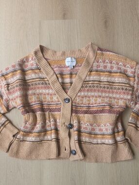 Pink Rose Cropped Fair Isle Cardigan - Tan, Pink, Mustard